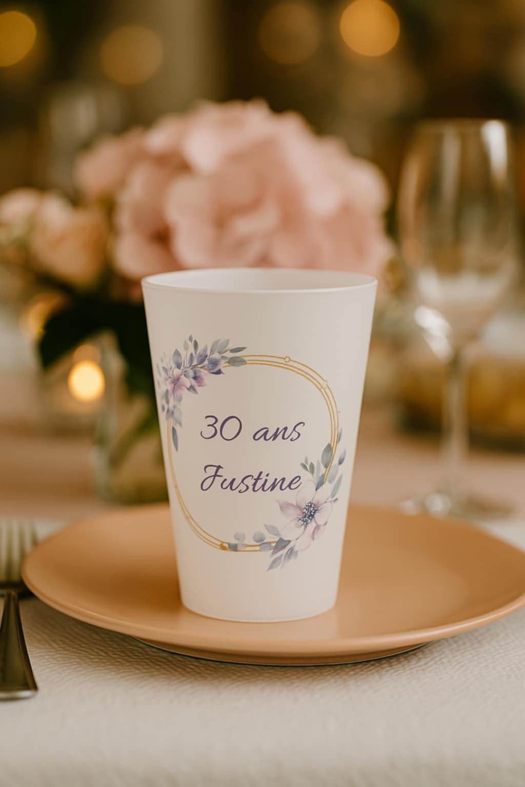Gobelet d'anniversaire personnalisé posé sur une assiette, table dressée et bouquet en arrière-plan