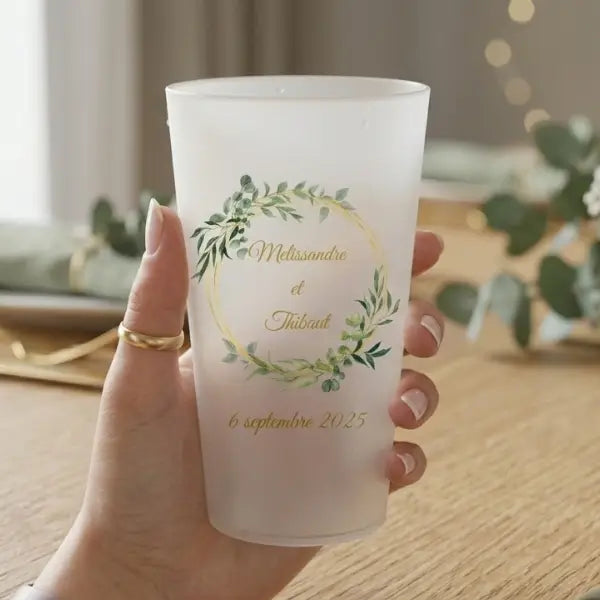 gobelet mariage personnalisé or eucalyptus