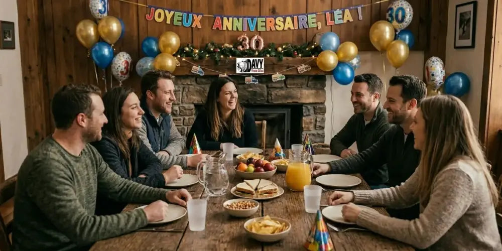 Fête d'anniversaire chaleureuse : amis à table, ballons et buffets. Tous les gobelets anniversaire avec un design optimisé par un graphiste KUZTOM.