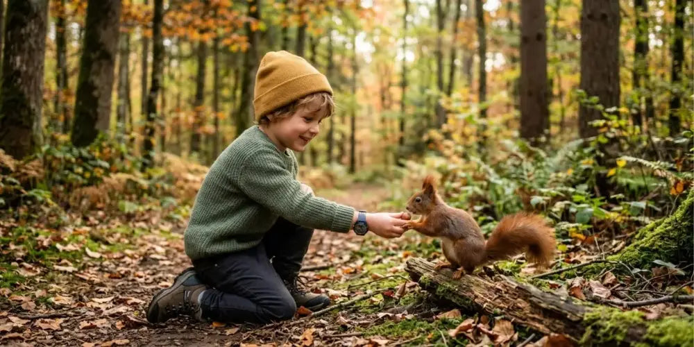 Enfant dans la nature illustrant la collection de gobelets personnalisés KUZTOM sur le thème des animaux et de la jungle.