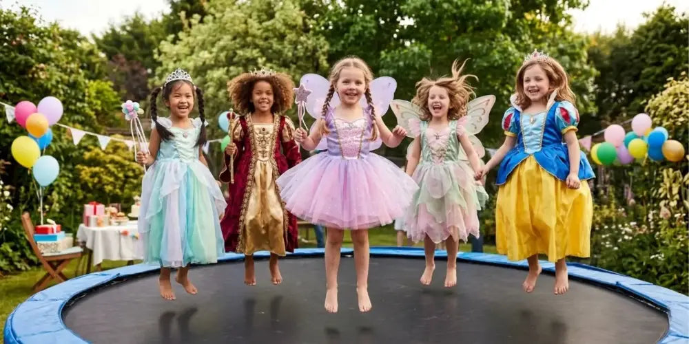 Enfants déguisés en princesses et fées sautant de joie pour illustrer la collection de gobelets personnalisés féerie et magie KUZTOM.