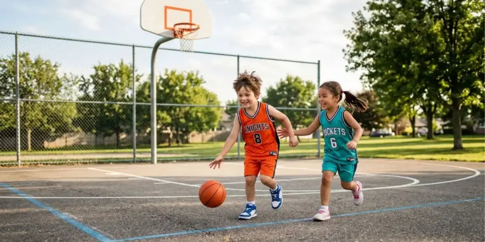 Deux enfants jouant au basketball sur un terrain extérieur pour illustrer la collection de gobelets personnalisés Sport et Passion KUZTOM.