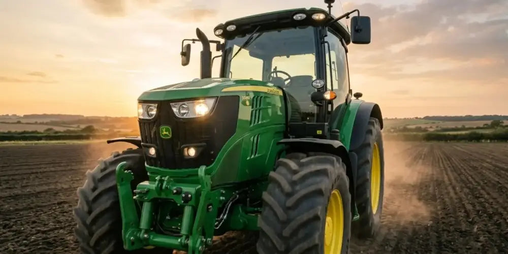Gros tracteur vert dans un champ au coucher du soleil pour illustrer la collection de gobelets personnalisés anniversaire Véhicules et Engins KUZTOM.