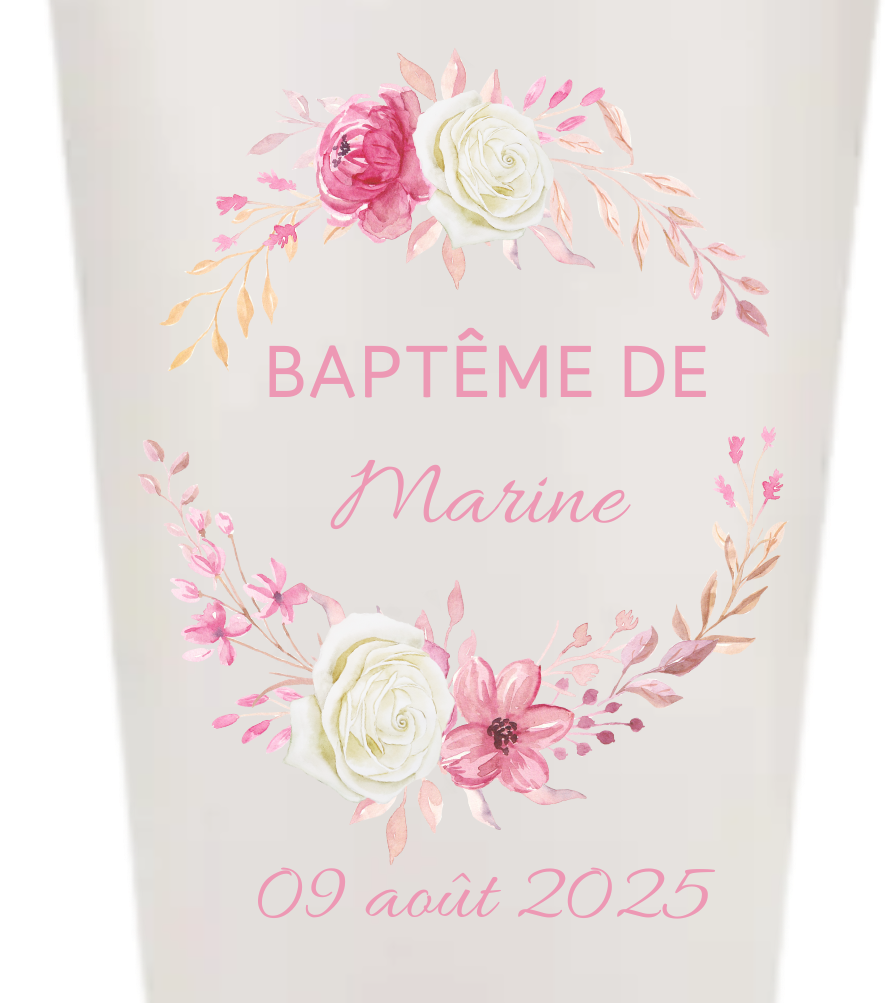 Gobelets personnalisés baptême/anniversaire floral rose et blanc