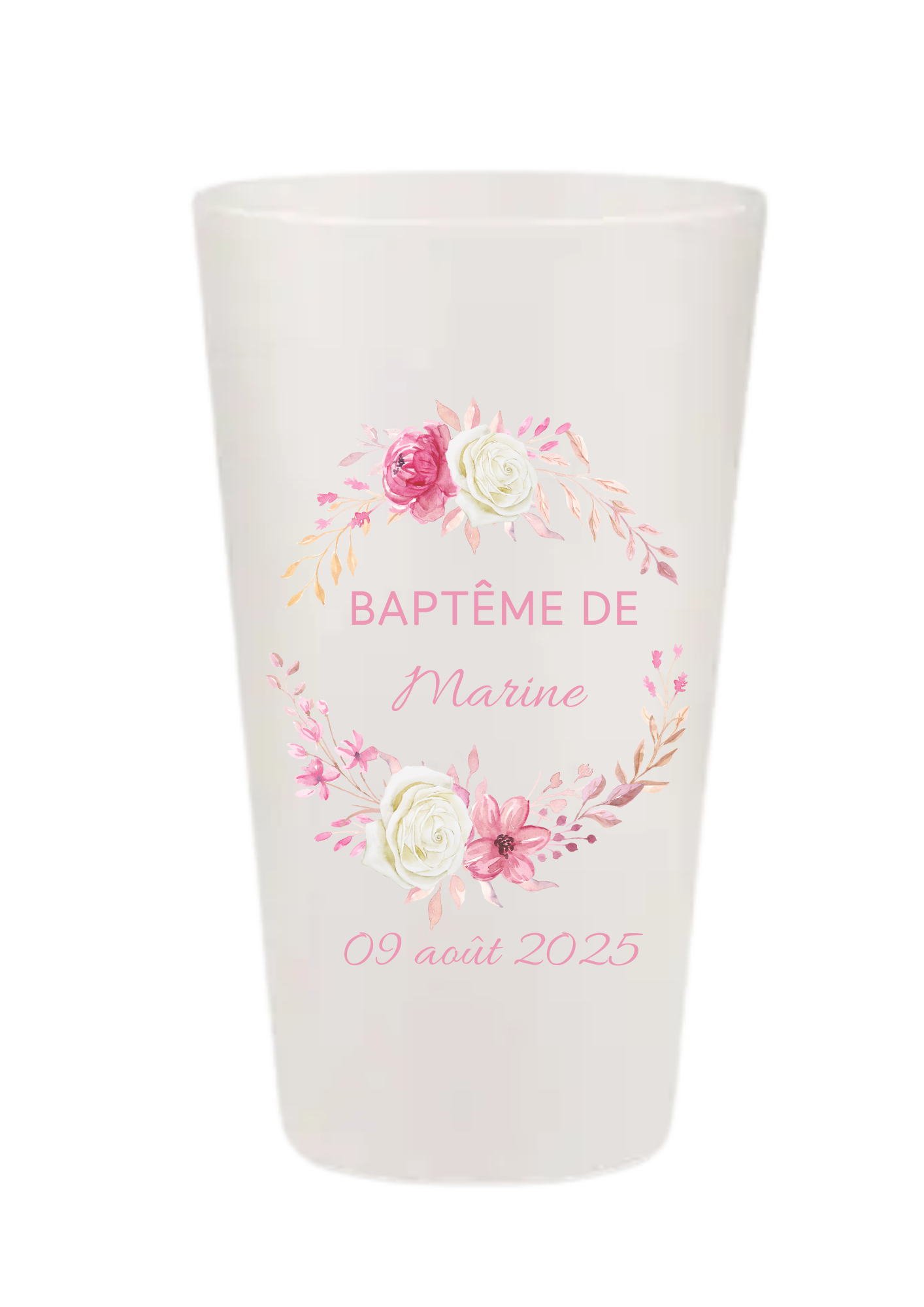 Gobelets personnalisés baptême/anniversaire floral rose et blanc