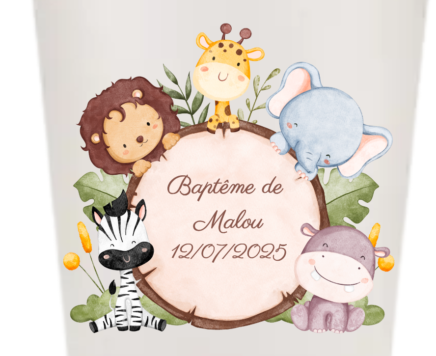 Gobelets personnalisés baptême/anniversaire animaux de jungle