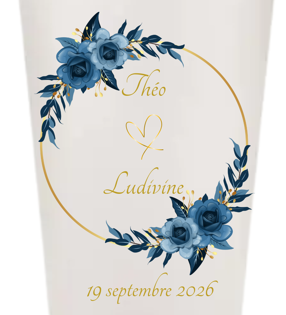 Gobelet mariage - Fleurs bleus élégantes & cercle doré
