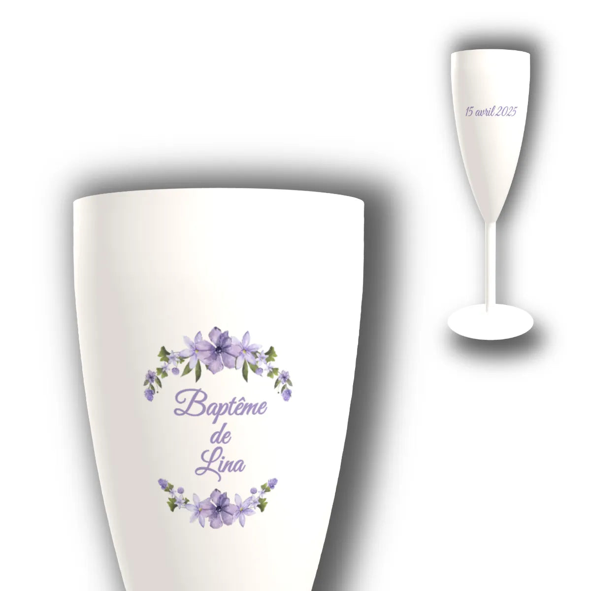 Flûte à champagne personnalisée Couronne Fleurie Mauve — vue d'ensemble et gros plan du design