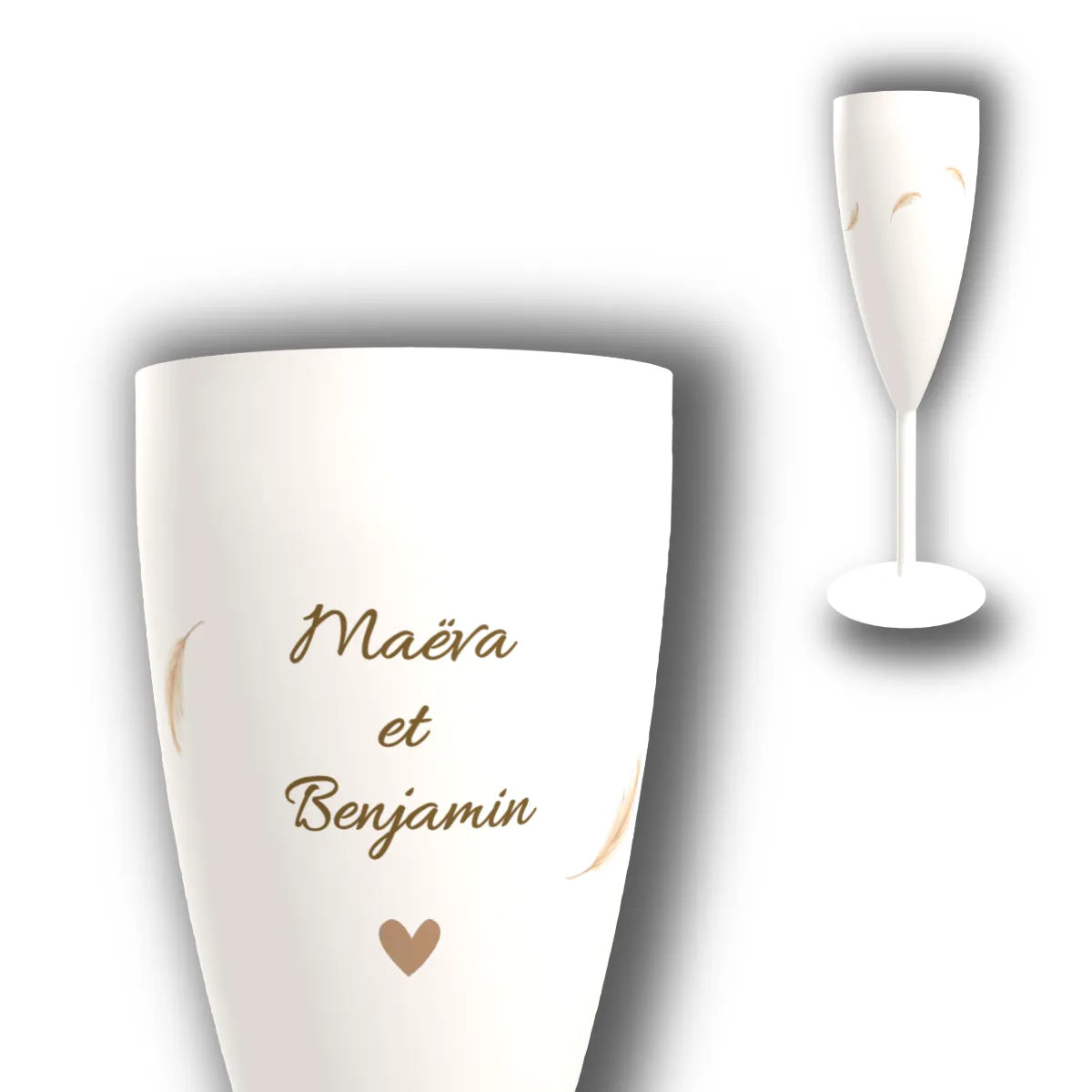 Flûte à champagne personnalisée Plumes & Cœur — vue d'ensemble et gros plan du design