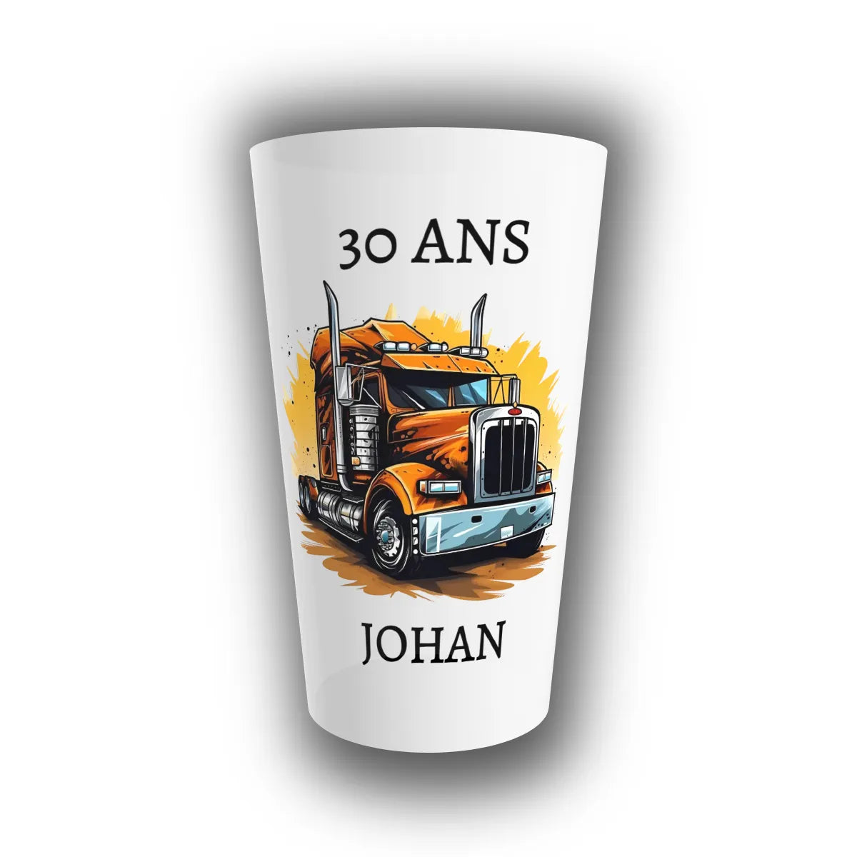 Gobelet réutilisable personnalisé anniversaire 30 ans, translucide, motif camion américain orange et texte prénom à l'avant