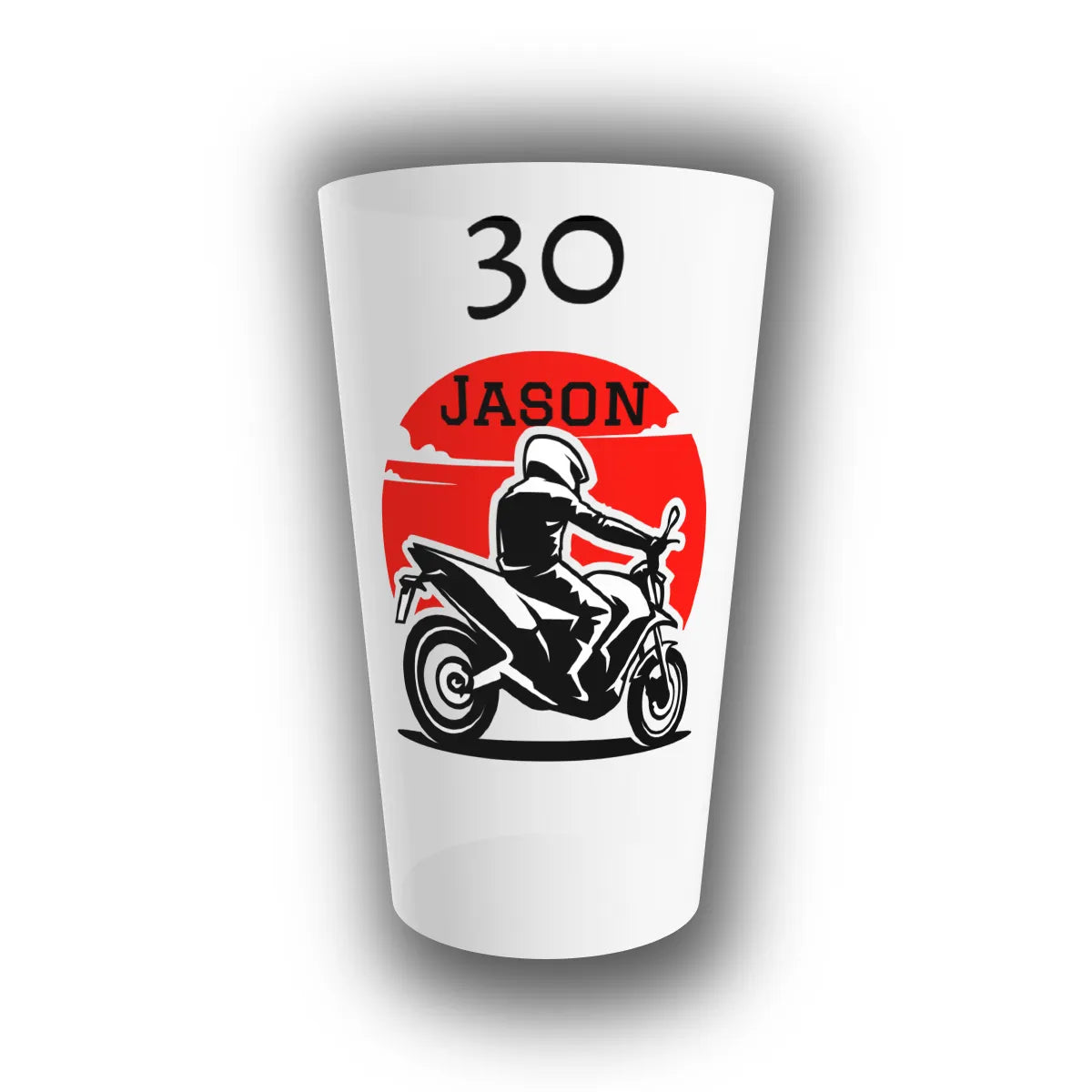 Gobelet translucide personnalisé As du Guidon, motard sur fond de soleil rouge, prénom et âge 30 imprimés, pour anniversaire moto