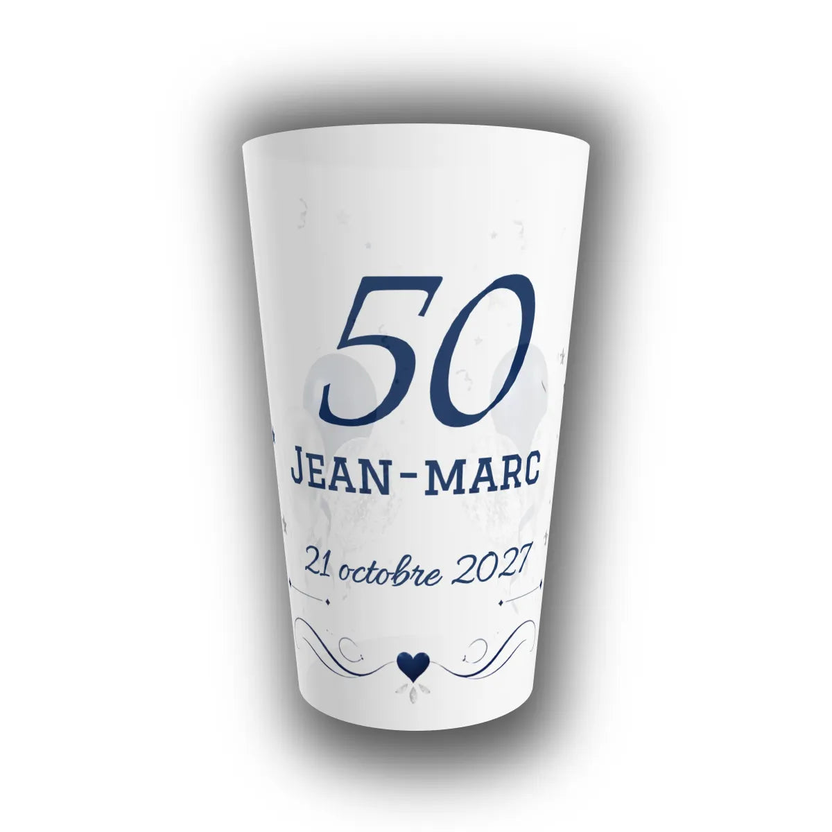 Gobelet réutilisable personnalisé pour anniversaire translucide, grand chiffre 50 bleu marine, ballons argentés, prénom et date en exemple