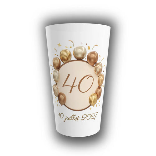 Gobelet réutilisable personnalisé pour anniversaire, couronne de ballons or et champagne autour du chiffre 40 et de la date 10 juillet 2027