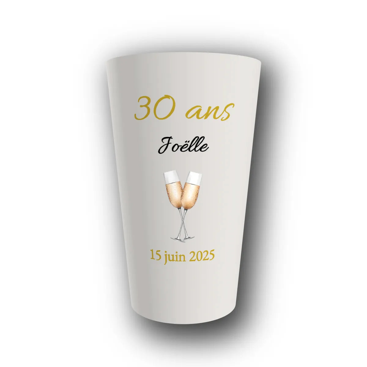 Gobelet réutilisable personnalisé anniversaire, bulles d'or, rendu 3D