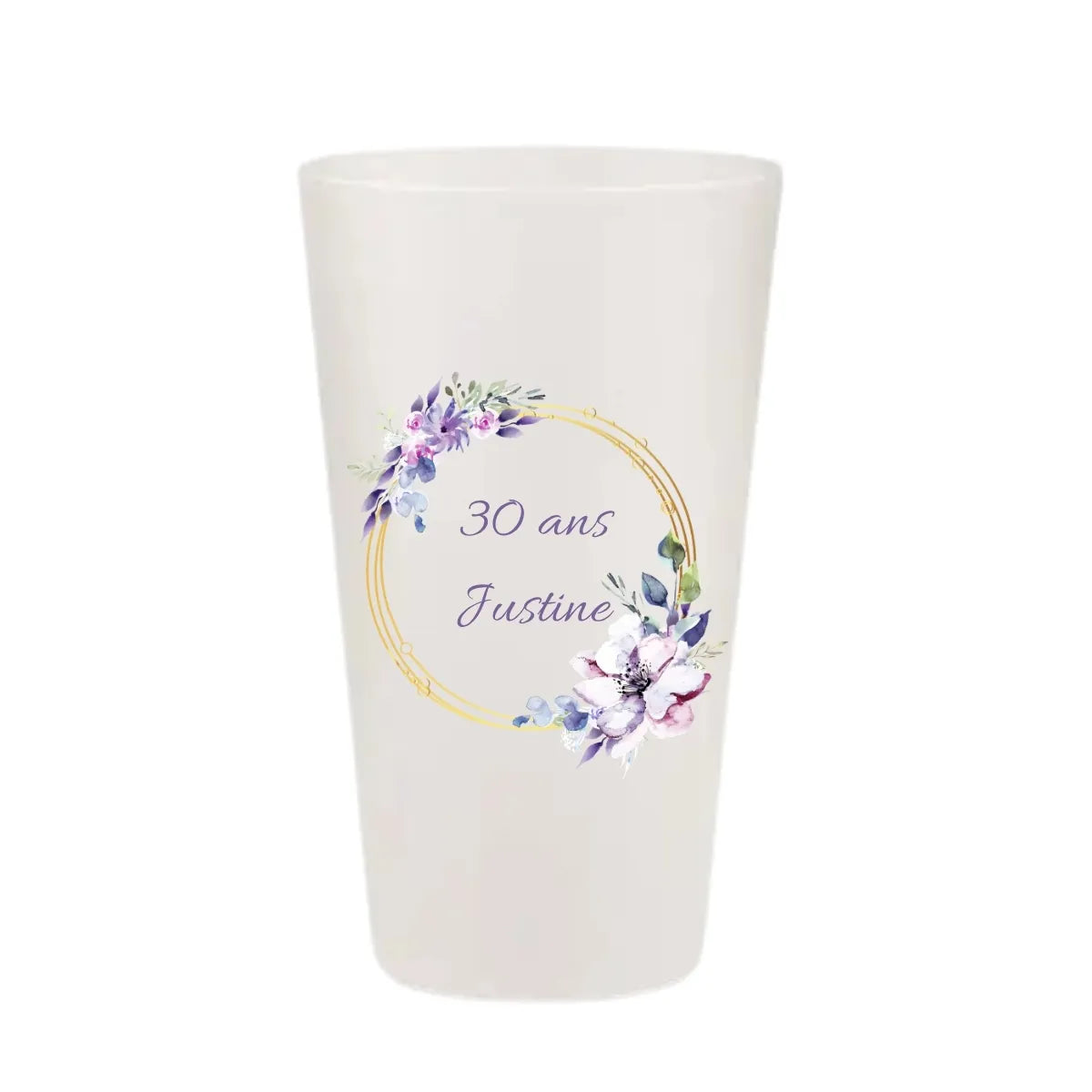 Gobelet réutilisable personnalisé pour anniversaire, illustration de cercle doré et fleurs violettes aquarelle, fabriqué en France.