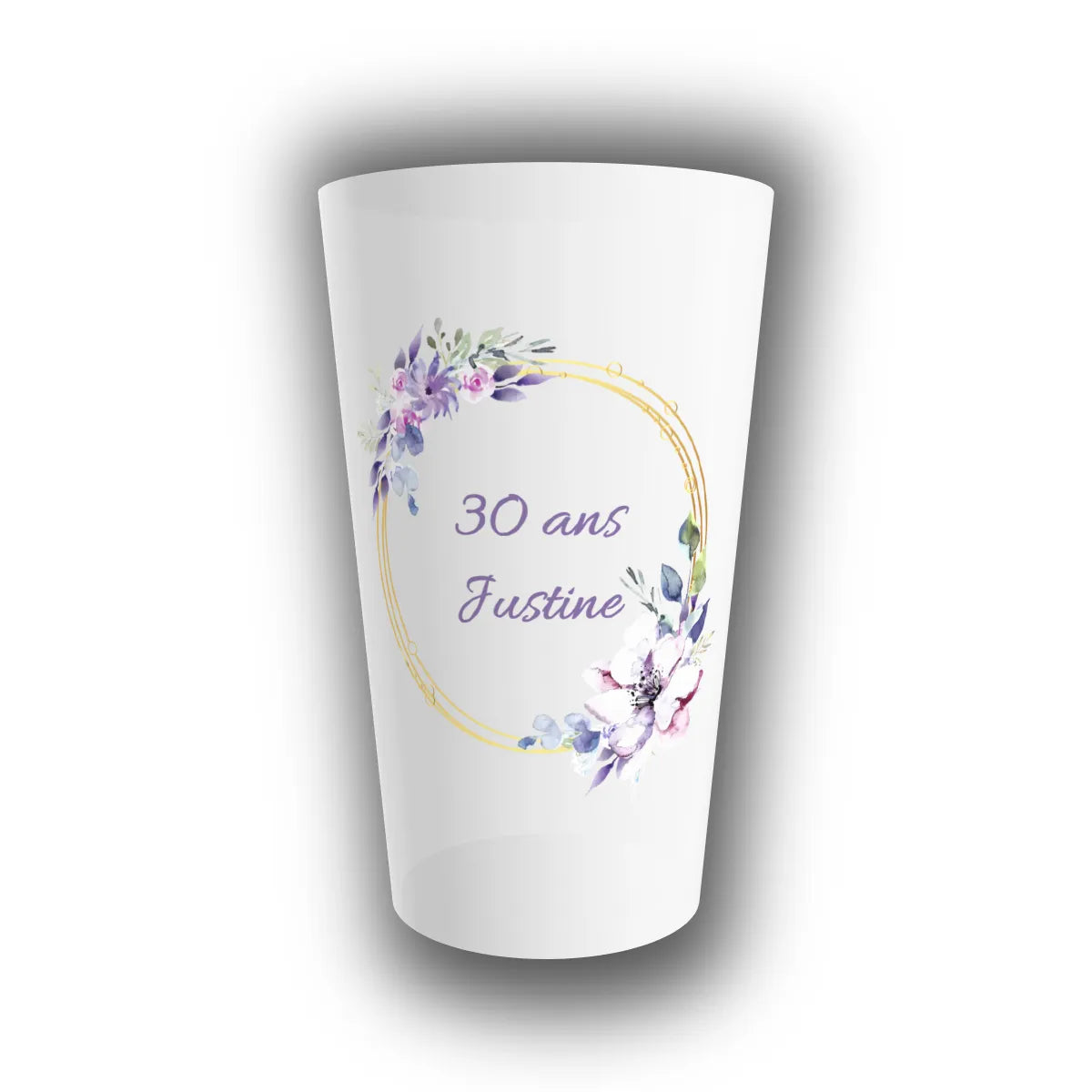 Gobelet réutilisable personnalisé translucide, cercle floral violet et doré avec prénom et âge, parfait pour un anniversaire adulte