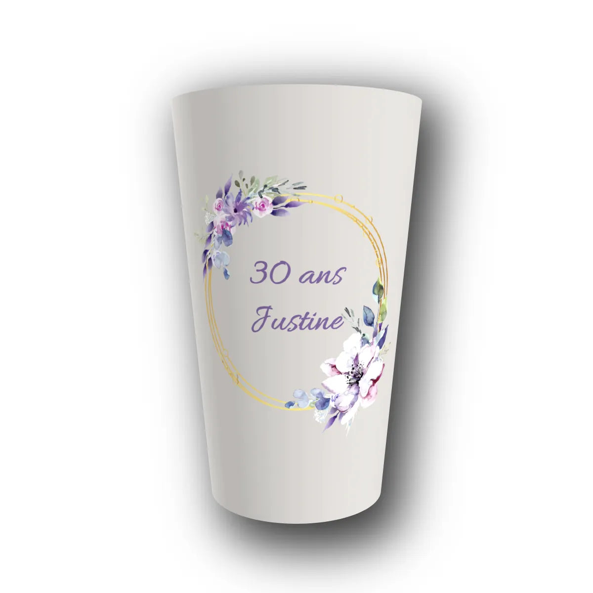 Gobelet réutilisable personnalisé anniversaire, cercle floral violet, rendu 3D