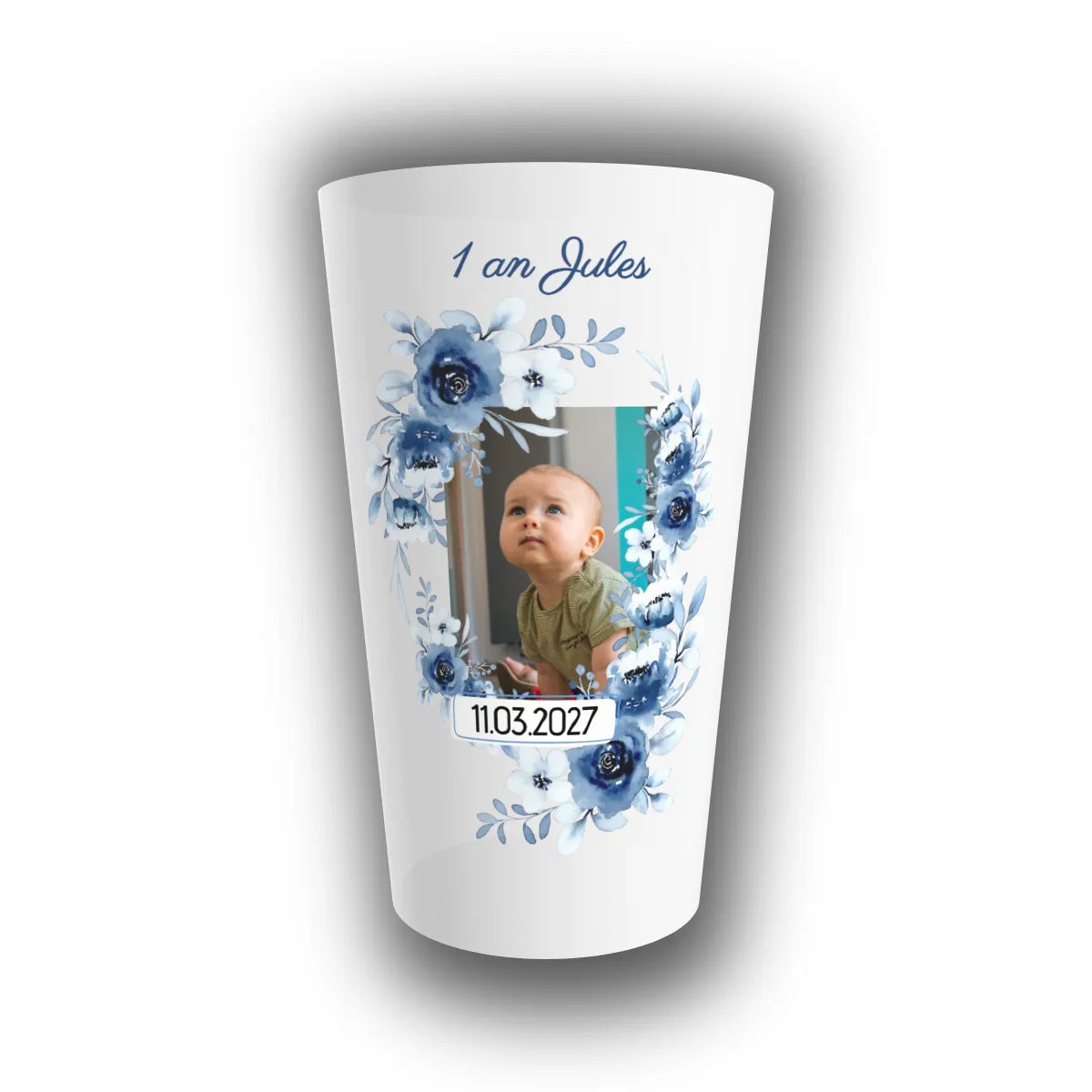 Gobelet réutilisable personnalisé pour anniversaire, couronne florale bleu azur, prénom 1 an Jules, photo bébé et date 11.03.2027