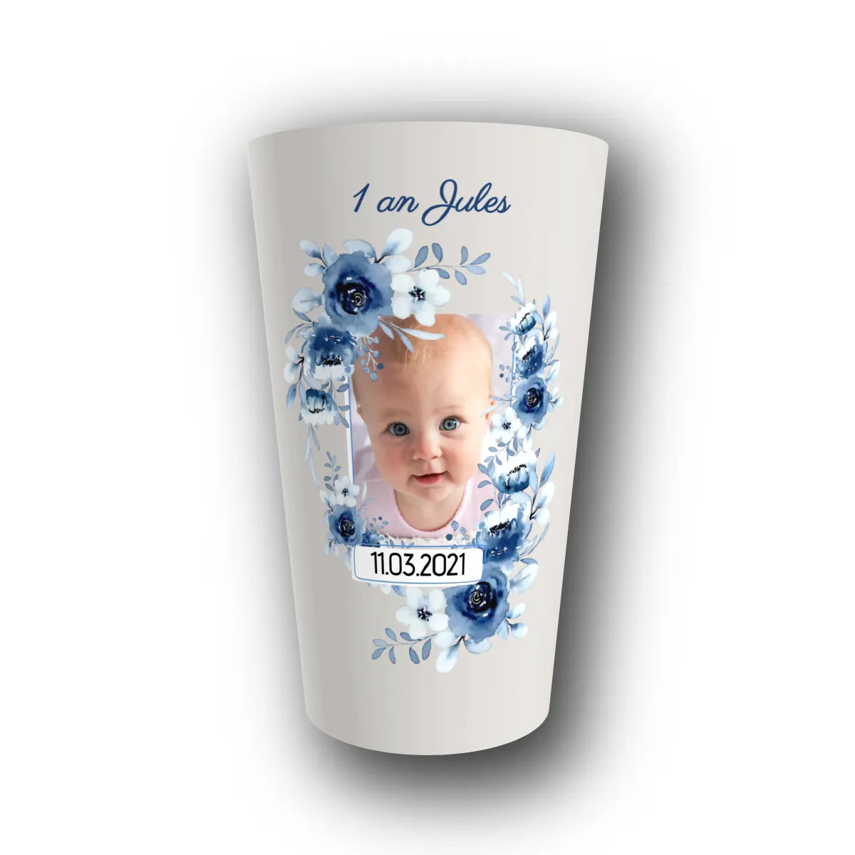 Gobelet réutilisable personnalisé anniversaire, couronne azur avec photo, rendu 3D