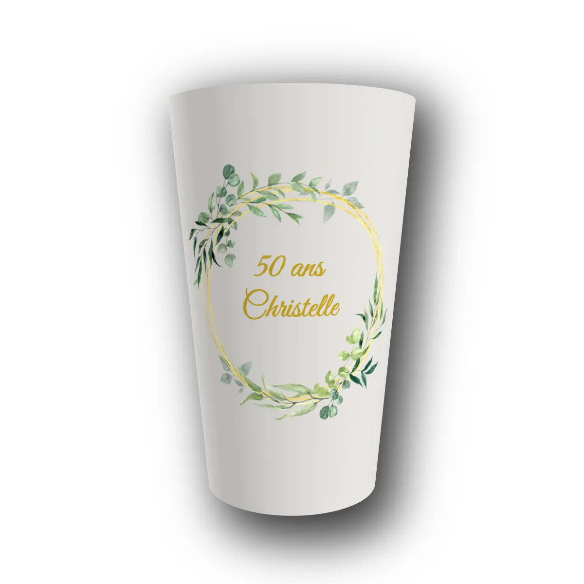 Gobelet réutilisable personnalisé anniversaire, couronne eucalyptus dorée, rendu 3D