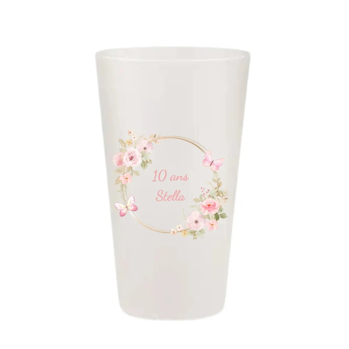 Gobelet anniversaire KUZTOM avec couronne de fleurs roses et papillons.