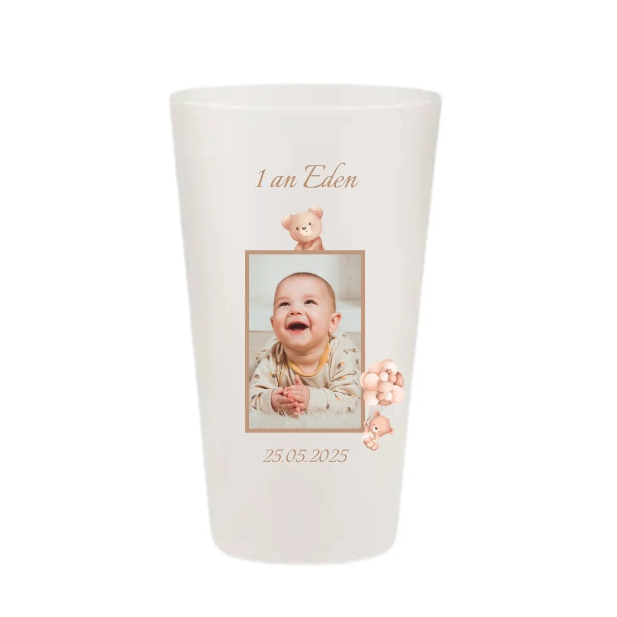 Gobelet anniversaire KUZTOM personnalisé avec photo et illustrations d'oursons tendres.