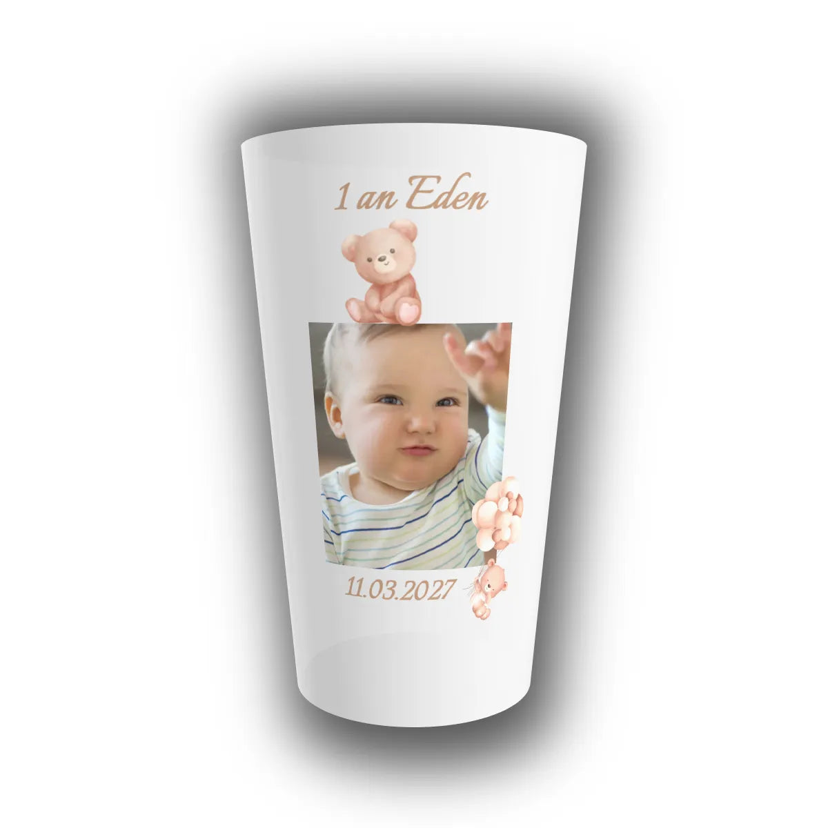 Gobelet réutilisable personnalisé translucide avec photo d'enfant, prénom, mention 1 an, date et petit ourson illustré