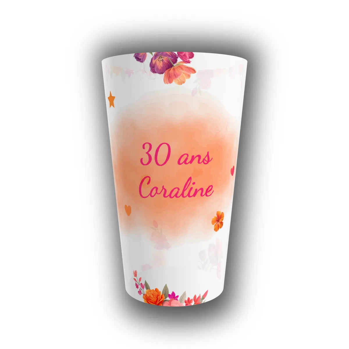 Gobelet réutilisable personnalisé translucide pour anniversaire, motif aquarelle orangée, fleurs fuchsia et mandarine, texte 30 ans et prénom