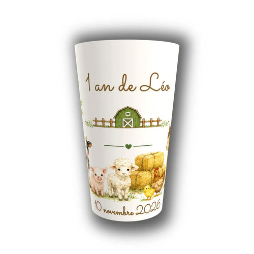 Gobelet anniversaire enfant personnalisé animaux de la ferme aquarelle – vache, cochon, mouton, poule – 1 an de Léo