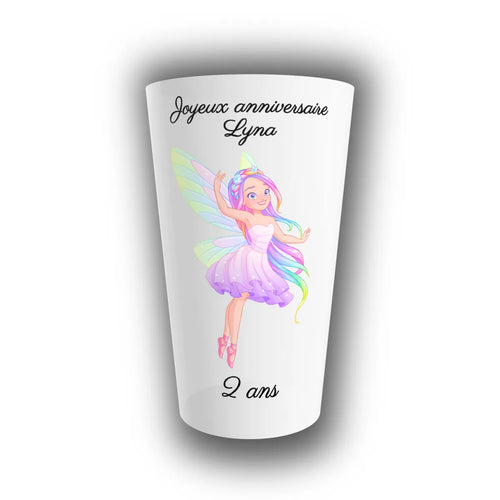 Gobelet réutilisable translucide personnalisé pour anniversaire enfant, motif fée arc-en-ciel et texte Joyeux anniversaire avec prénom et âge