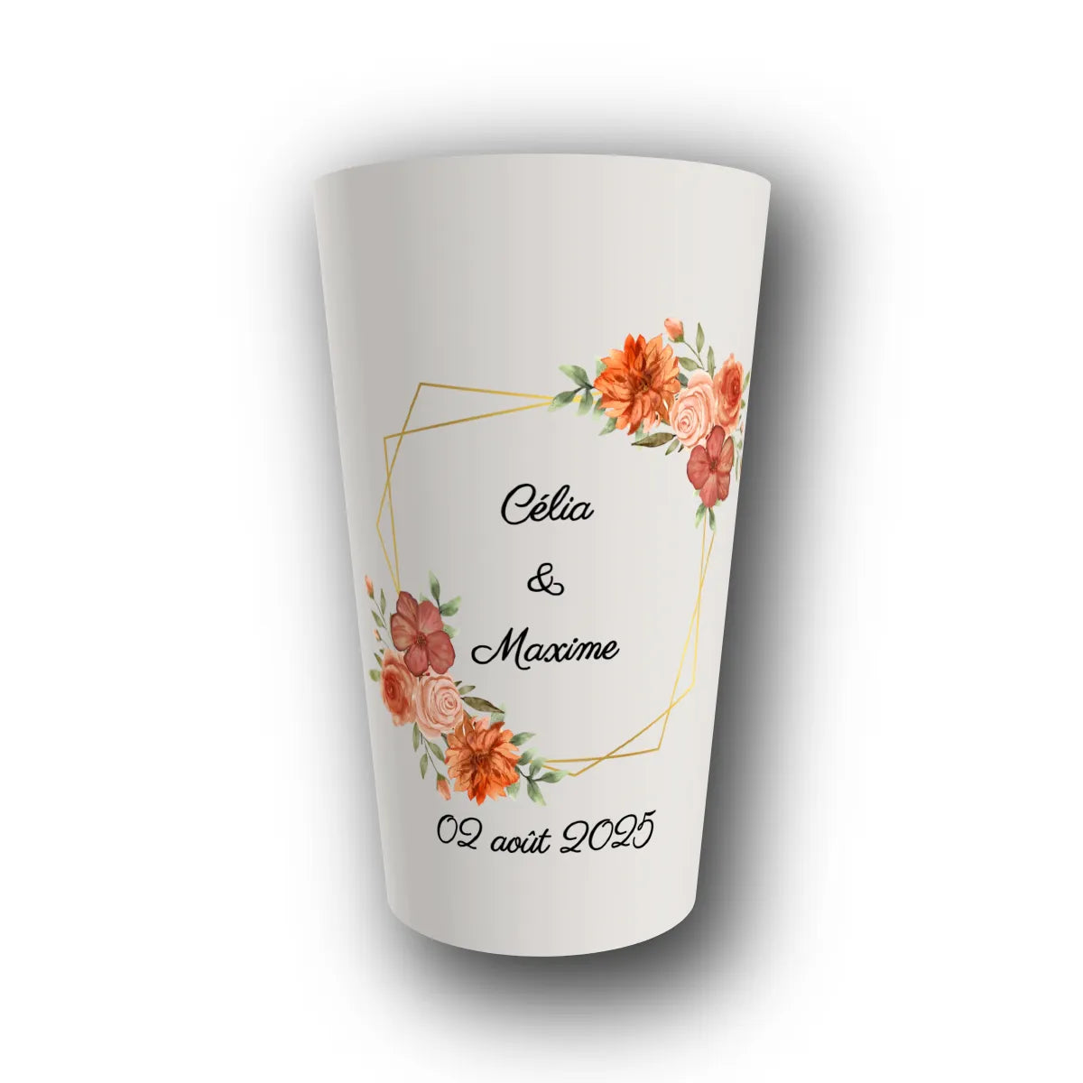 Gobelet réutilisable personnalisé anniversaire, guinguette florale, rendu 3D