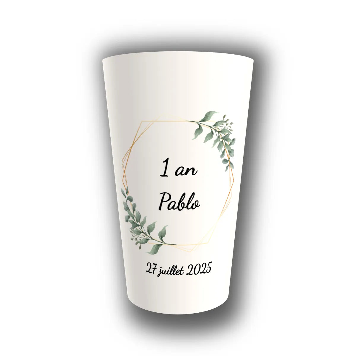 Gobelet anniversaire personnalisé Hexagone Eucalyptus — réutilisable, Kuztom