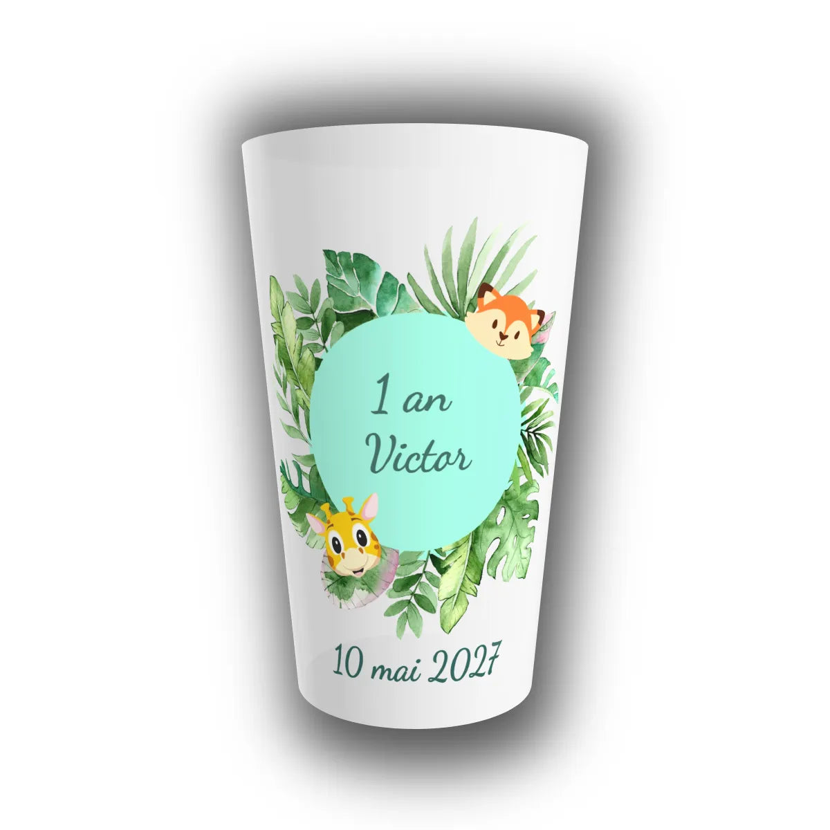 Gobelet réutilisable personnalisé translucide pour anniversaire d'enfant, motif jungle mint avec renard, girafe et médaillon vert menthe pour prénom et âge