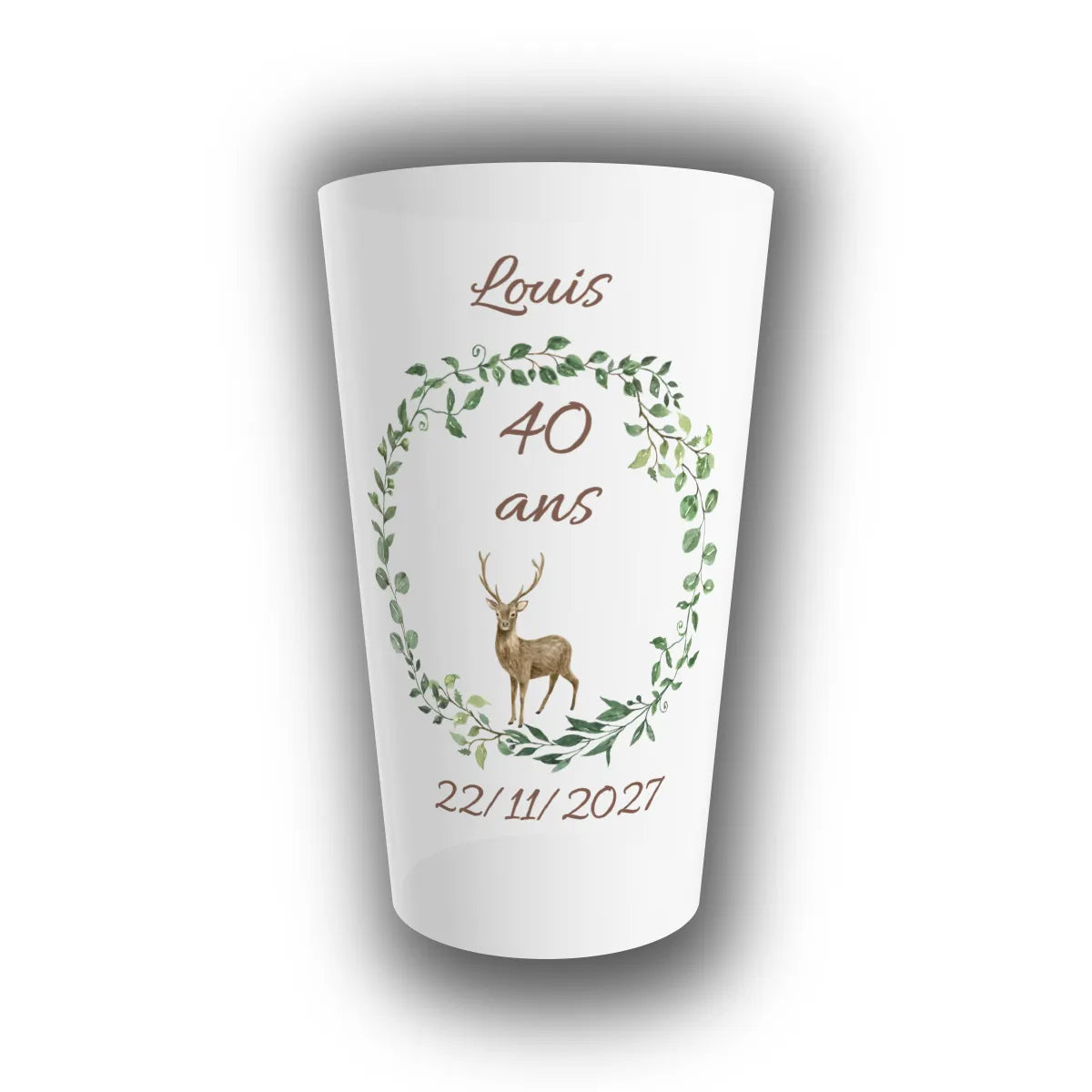 Gobelet réutilisable translucide personnalisé anniversaire, couronne d'eucalyptus, cerf, prénom, 40 ans et date en exemple