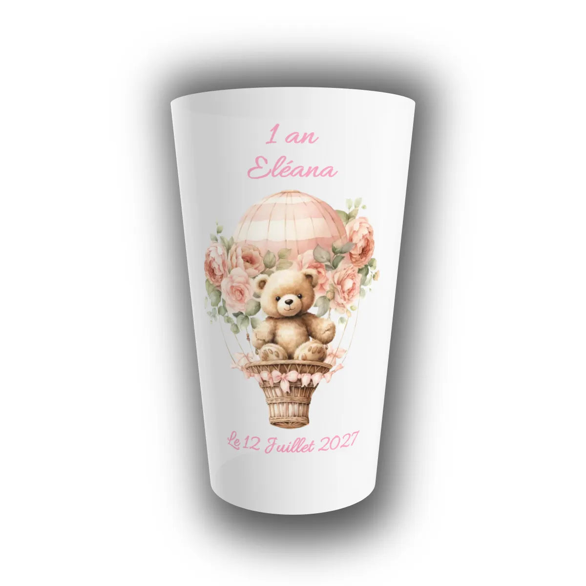 Gobelet réutilisable personnalisé translucide pour anniversaire, motif ourson en montgolfière fleurie et roses roses, avec prénom de l'enfant, âge et date