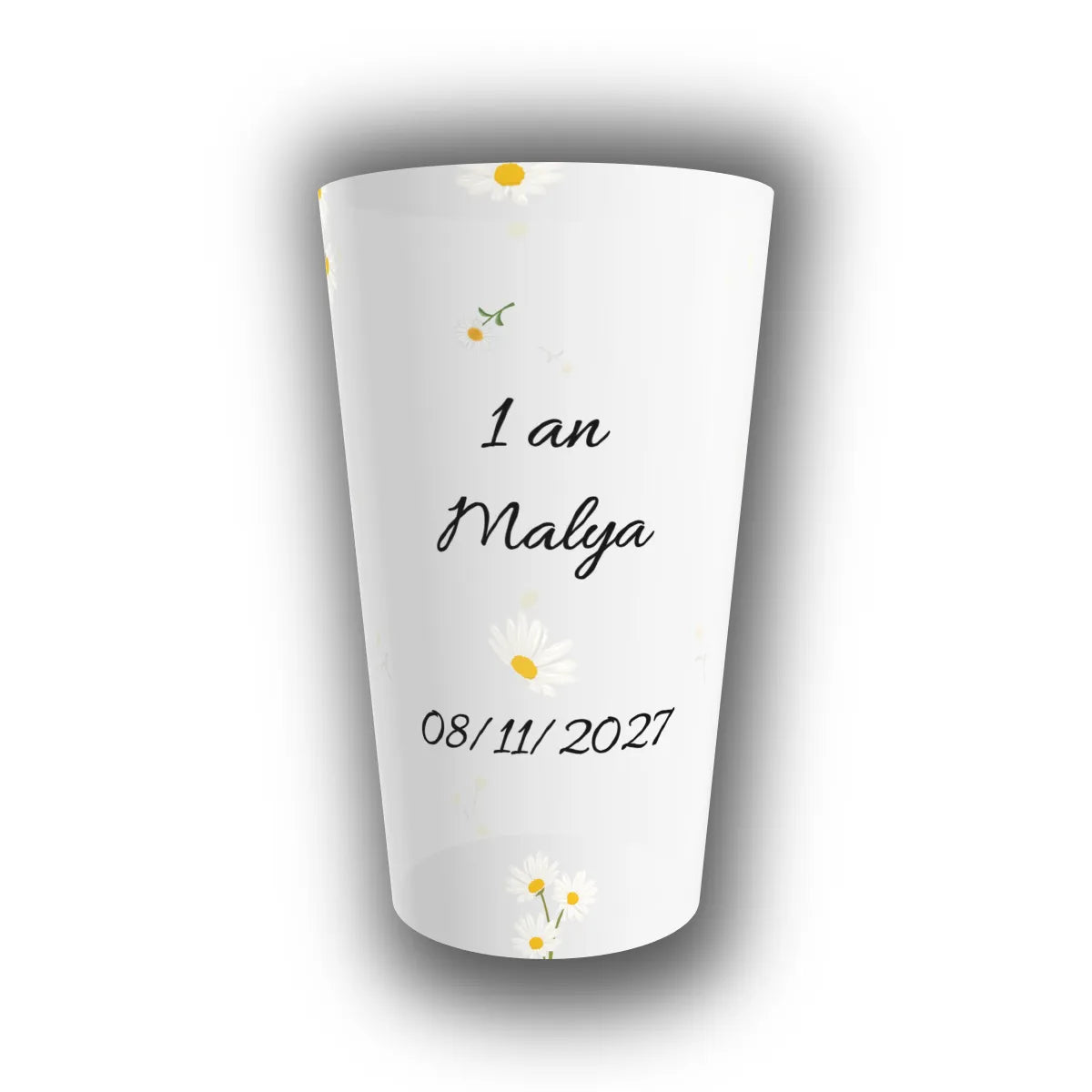 Gobelet anniversaire personnalisé translucide à motif marguerites blanches, avec âge, prénom de l'enfant et date imprimés au centre