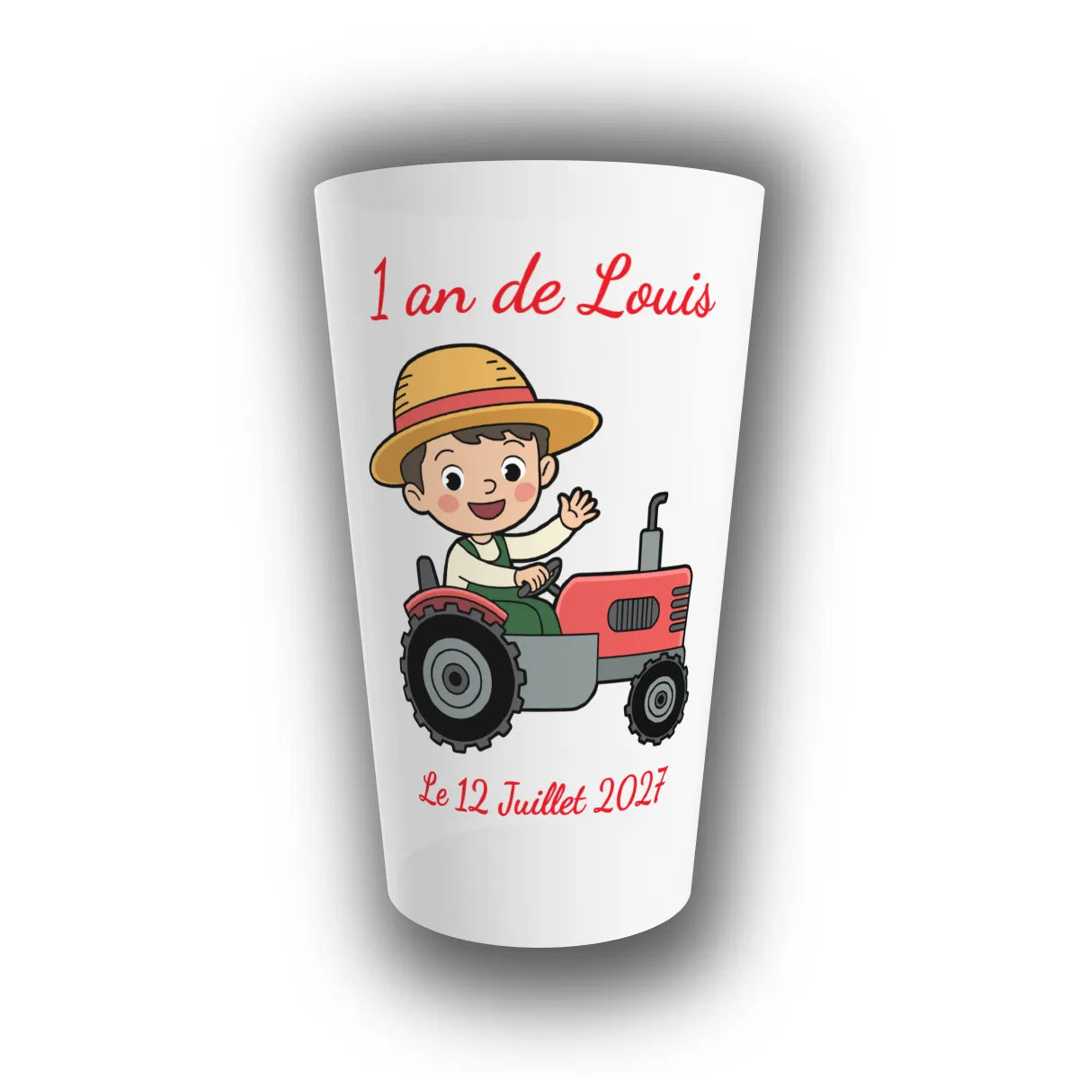 Gobelet réutilisable personnalisé anniversaire, motif petit fermier sur tracteur rouge, prénom de l'enfant, âge et date imprimés en rouge