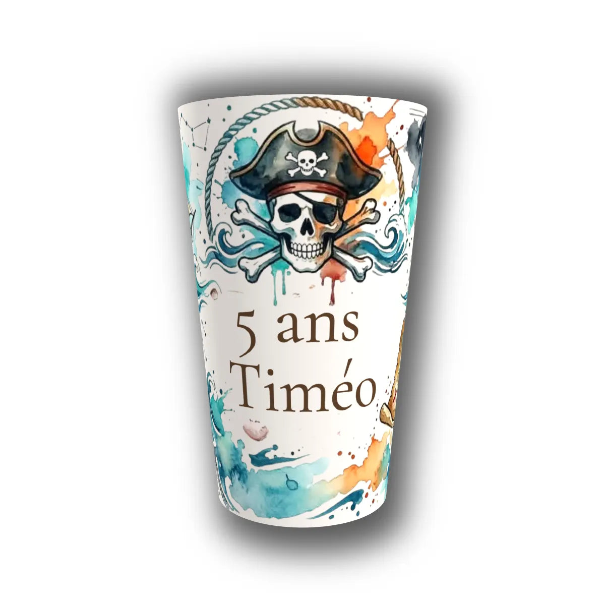 Gobelet anniversaire enfant personnalisé pirate aquarelle – crâne, chapeau et ancre – 5 ans Timéo
