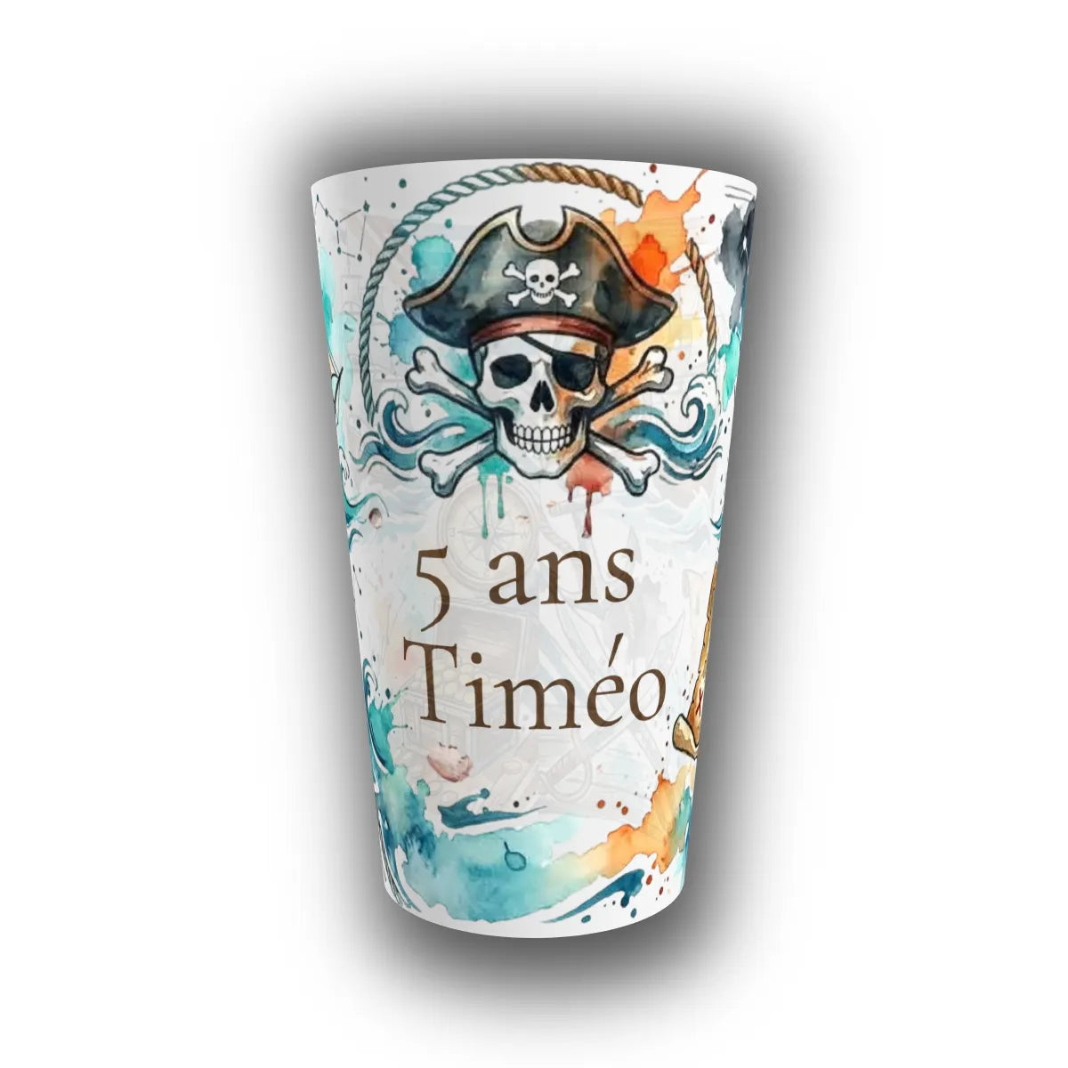 Gobelet réutilisable personnalisé anniversaire pirate translucide, crâne tête de mort, ancre et éclaboussures aquarelle, avec prénom et âge de l'enfant