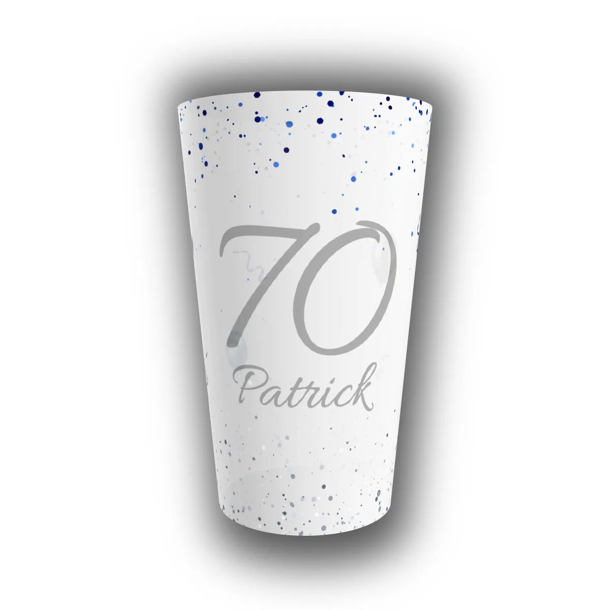 Gobelet translucide à pluie de confettis bleus et argentés, prénom et âge 70 personnalisés en gris, pour un anniversaire chic
