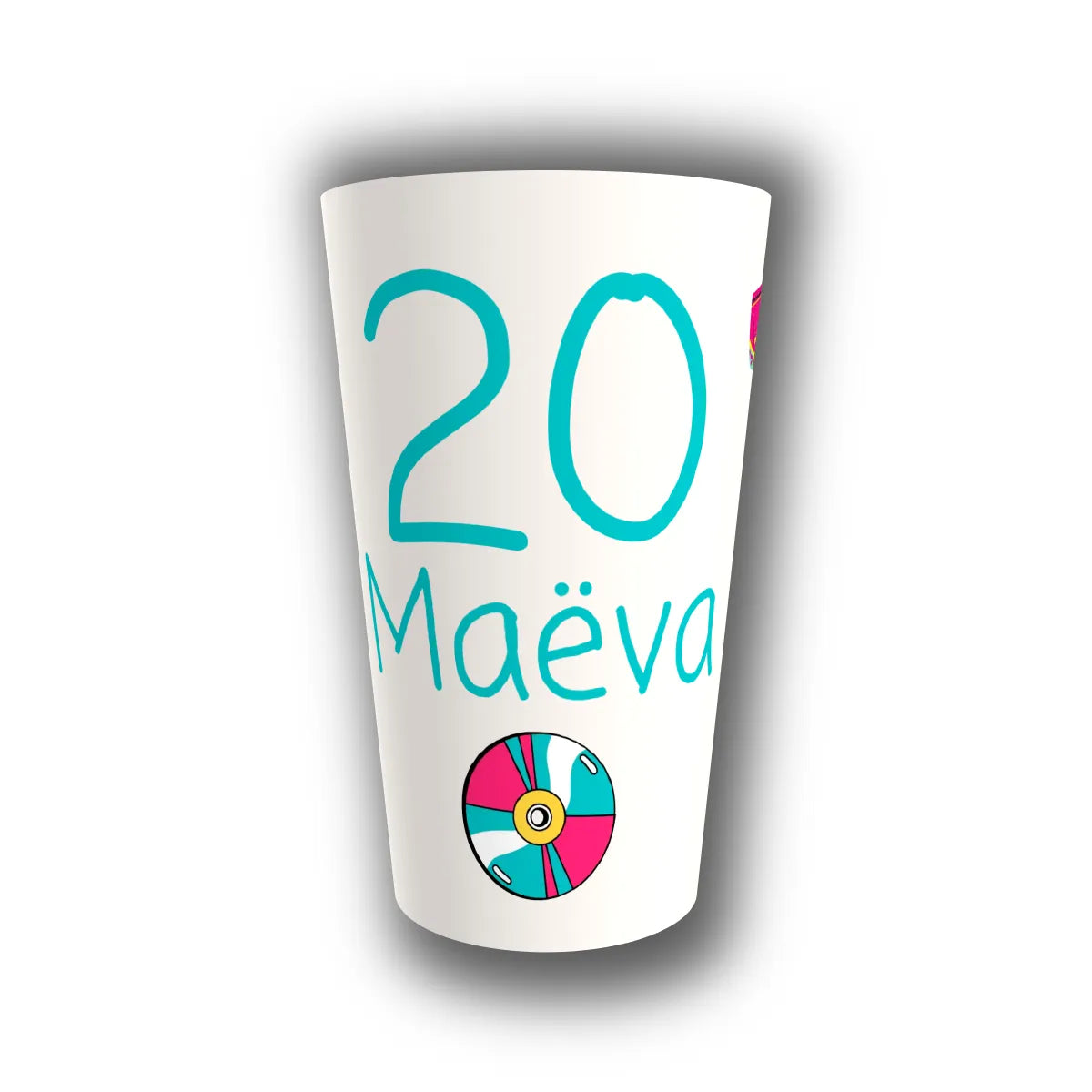 Gobelet anniversaire personnalisé CD pop coloré turquoise et rose – 20 ans de Maëva