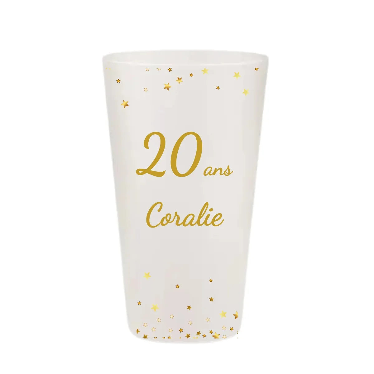 Gobelet anniversaire KUZTOM avec pluie d'étoiles dorées et marquage élégant.