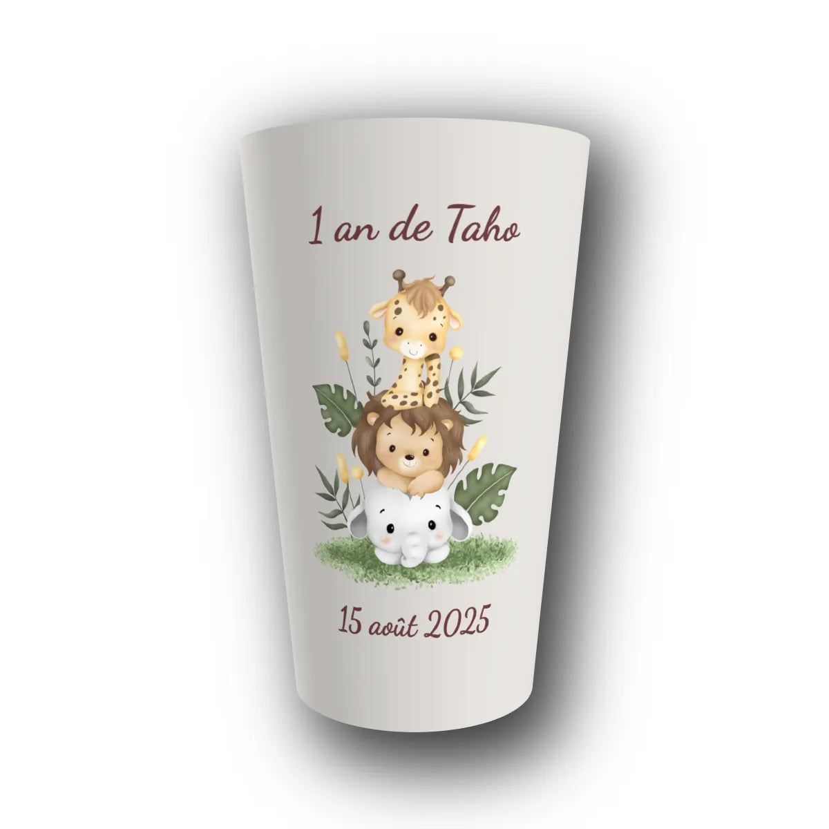 Gobelet réutilisable personnalisé anniversaire, savane totem animaux, rendu 3D
