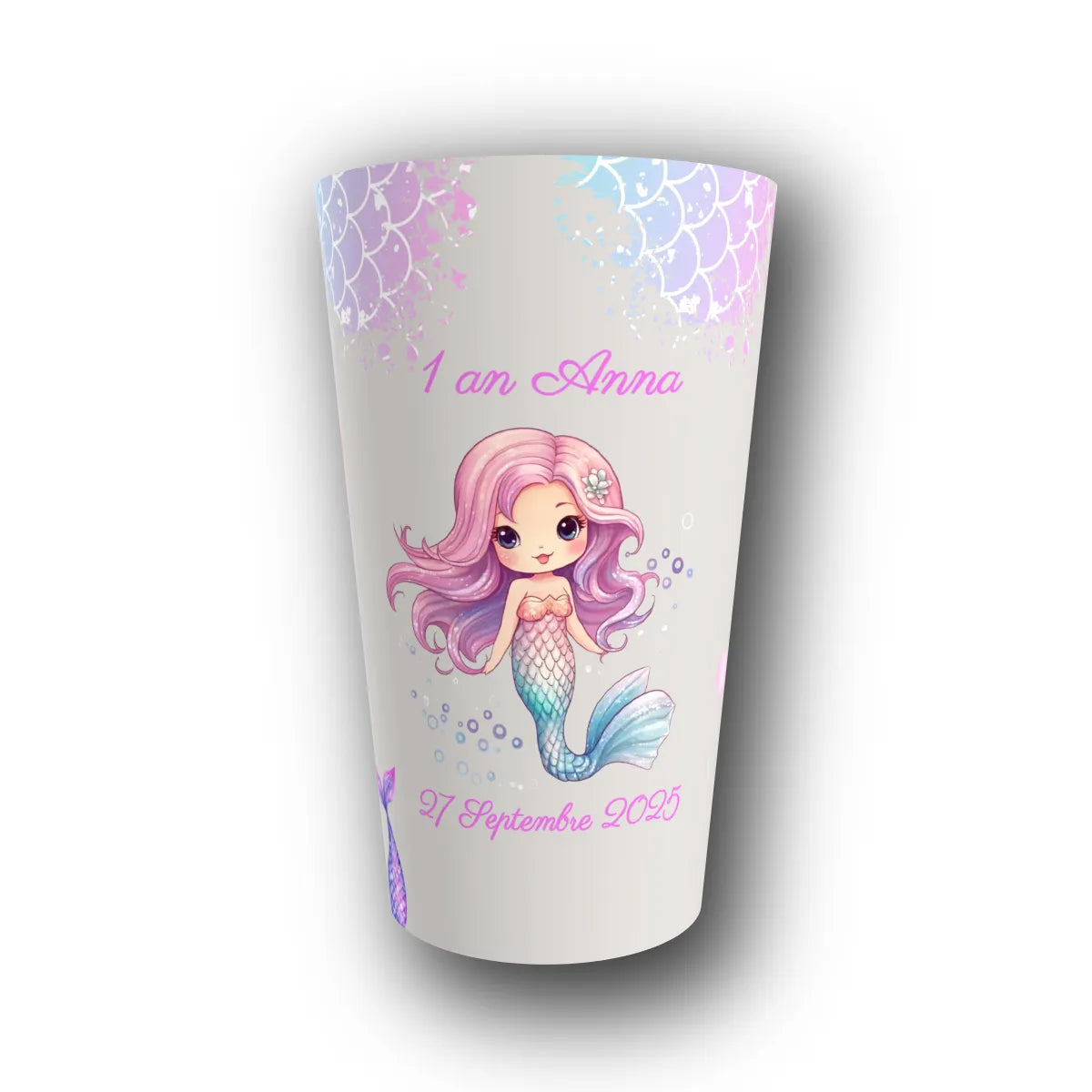 Gobelet réutilisable personnalisé anniversaire, sirène enchantée, rendu 3D