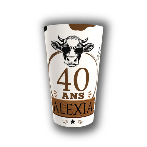 Gobelet anniversaire personnalisé — vache à lunettes de soleil, 40 ans, humour, réutilisable, Kuztom