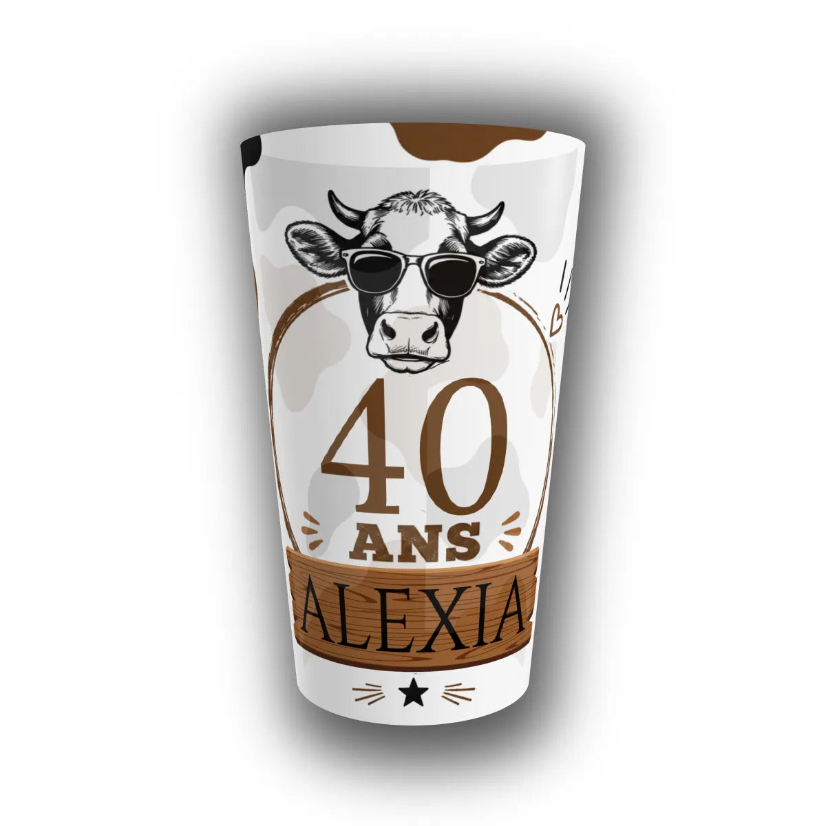Gobelet réutilisable personnalisé pour anniversaire, translucide à motif vache à lunettes, 40 ans et prénom sur bannière bois