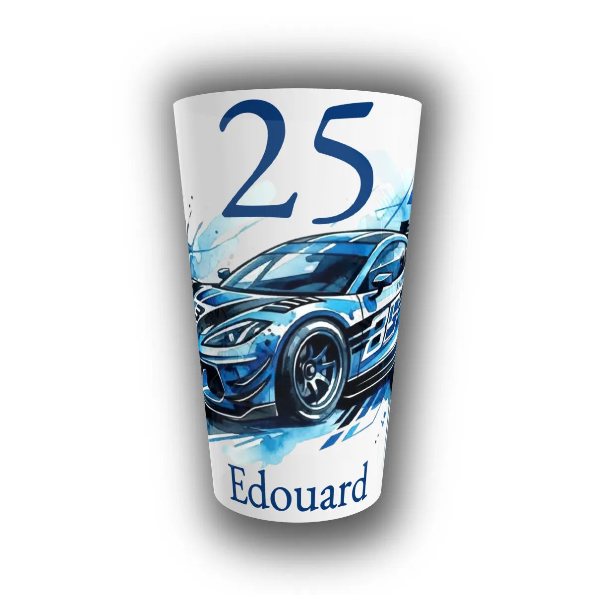 Gobelet réutilisable personnalisé translucide, voiture de course GT bleue aquarelle, prénom et âge 25 imprimés pour un anniversaire adulte