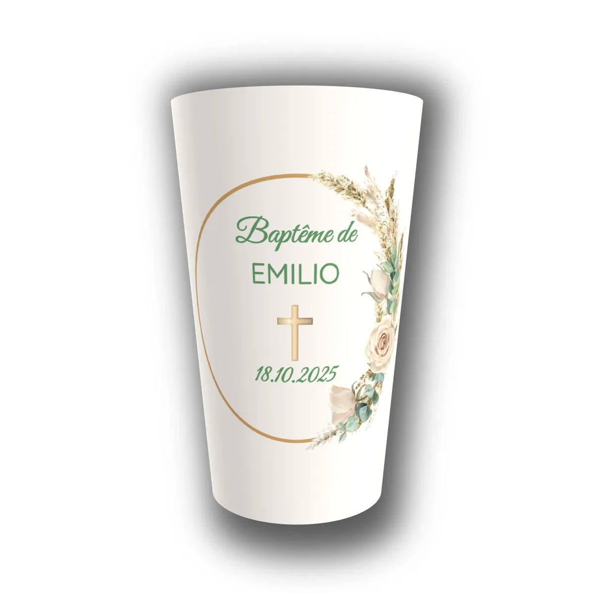 Gobelet baptême personnalisé Bohème Croix & Pampa — réutilisable, Kuztom