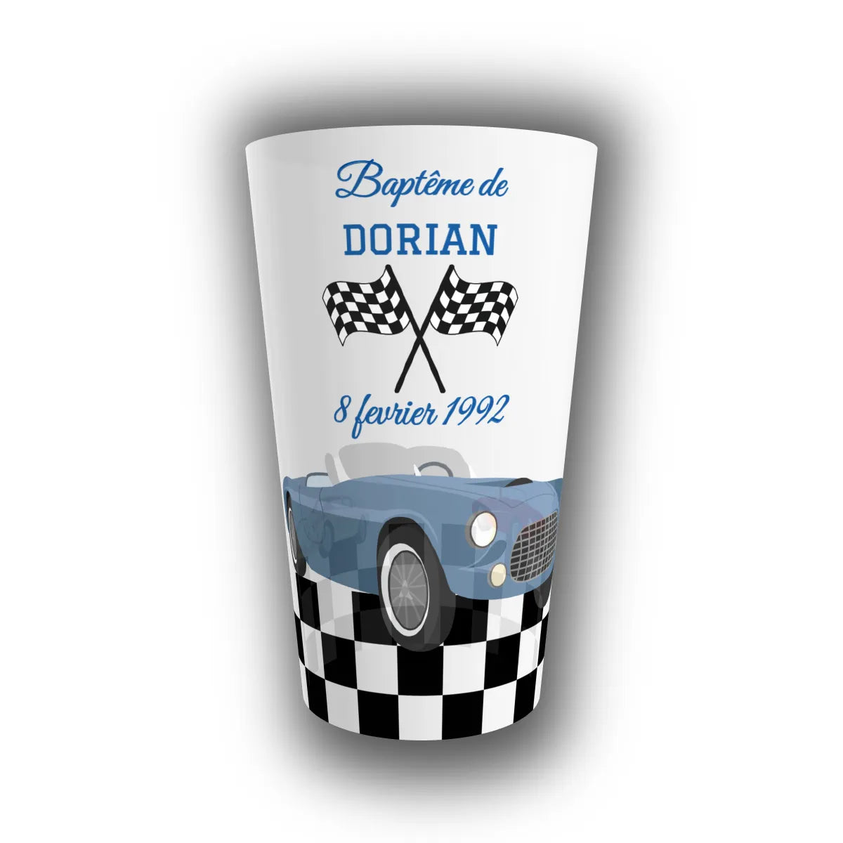 Gobelet réutilisable personnalisé pour baptême, motif voiture de sport bleue vintage, damier et drapeaux de course, avec prénom de l'enfant et date