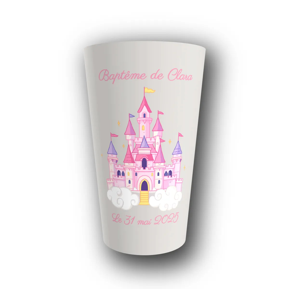Gobelet réutilisable personnalisé baptême, château de princesse, rendu 3D